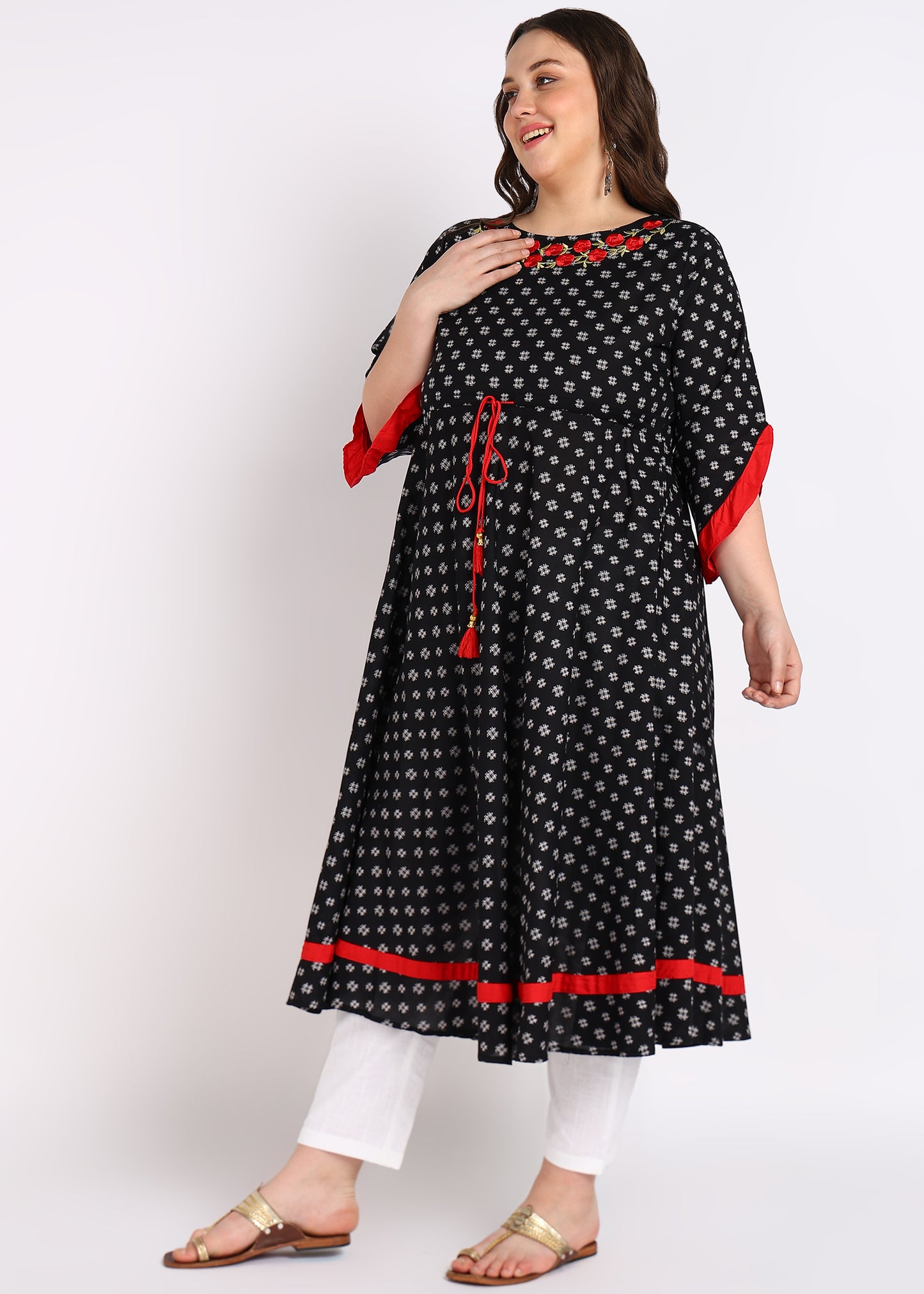 Black Cambric Cotton Anarkali Kurta – Elegant Umbrella Style & Embroidered Neck