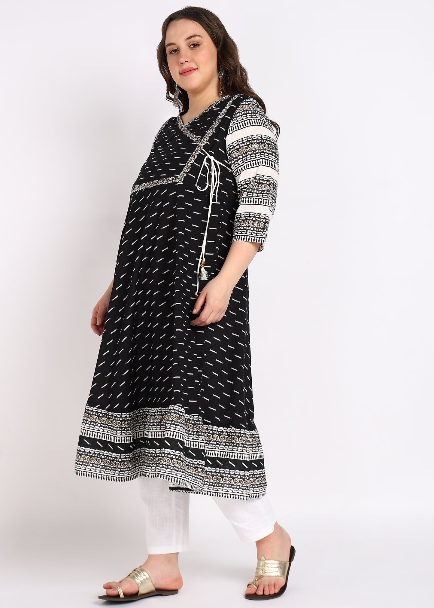 Plus Size Black Cotton Angrakha Kurta with Designer Yoke