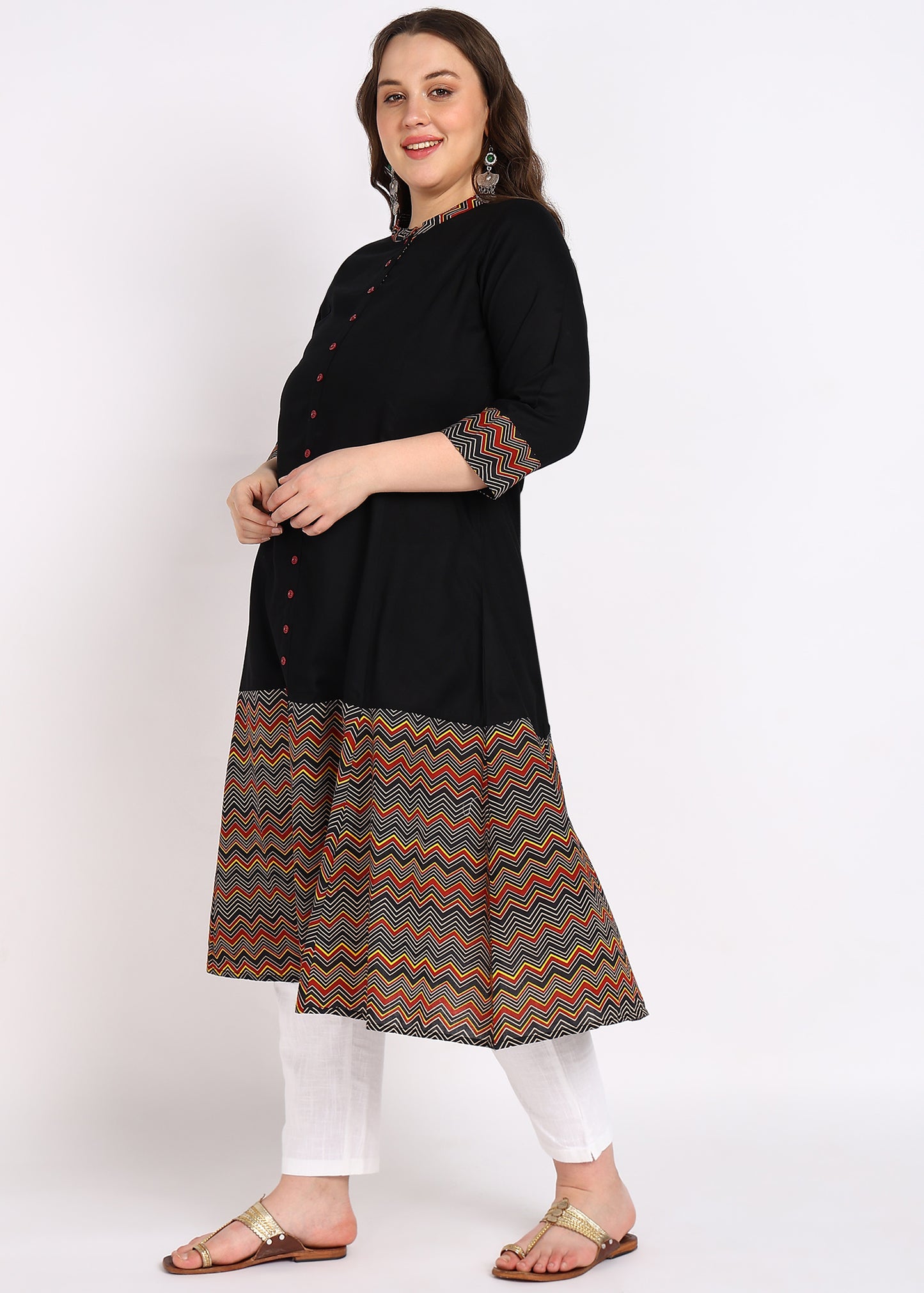 Plus Size Black Zig-Zag Printed A-Line Kurta