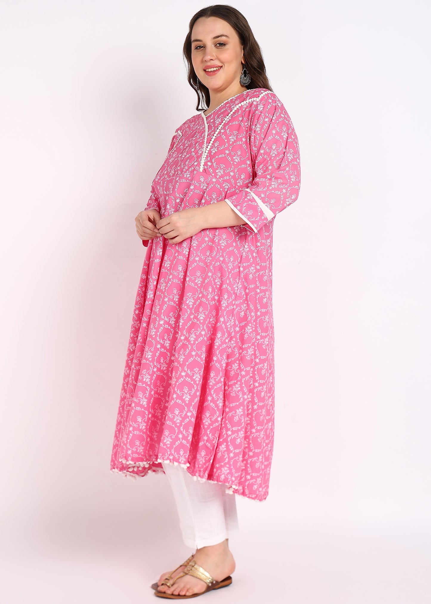 Plus Size Pink Printed A-Line Kurta