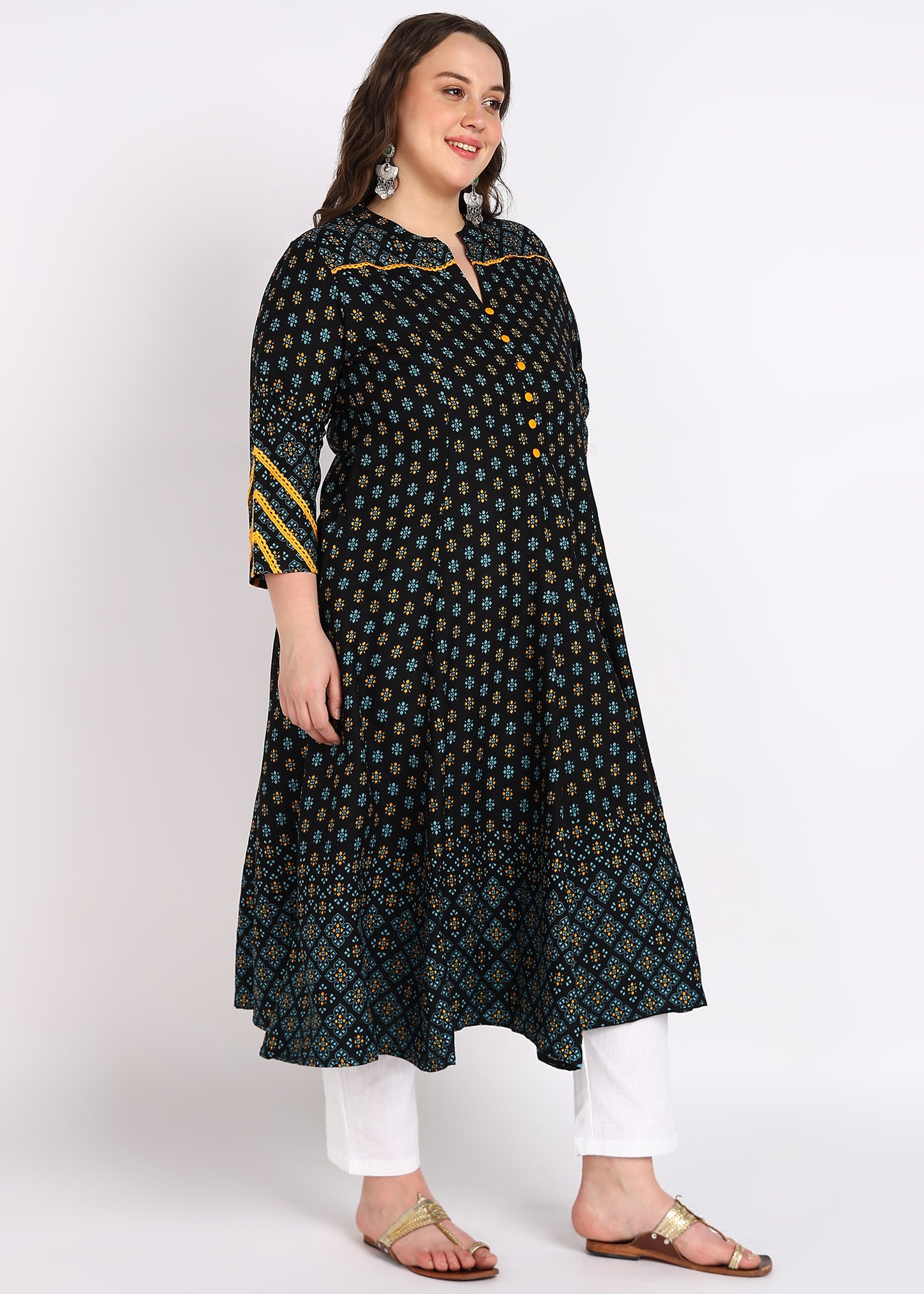 Plus Size Black Floral Printed A-Line Kurta with Yellow Button Detailing