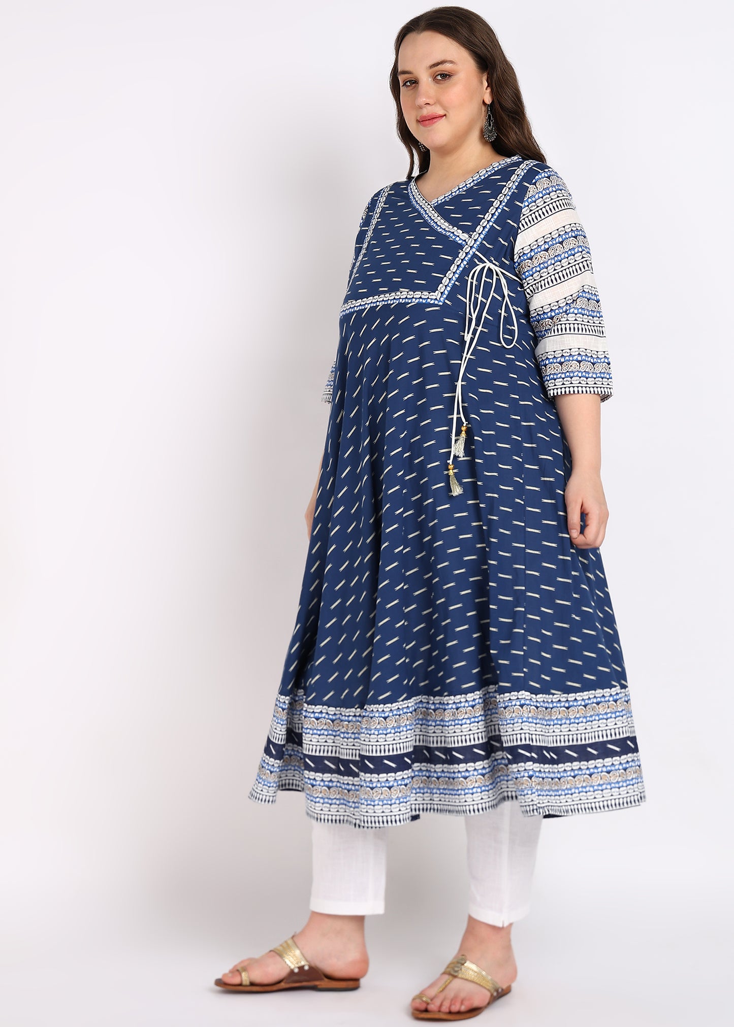 Plus Size Black Cotton Angrakha Kurta with Designer Yoke