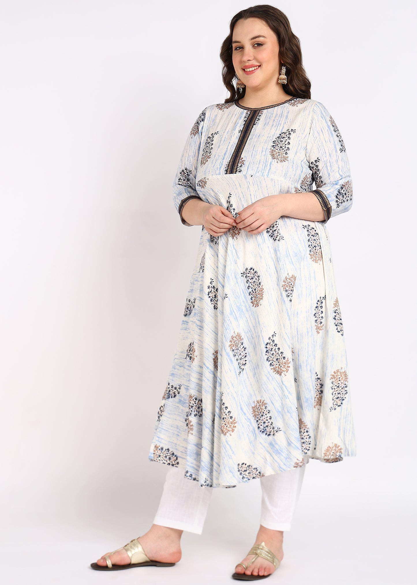 Plus Size Off-White Printed A-Line Kurta Rayon Tie Dye Floral Print