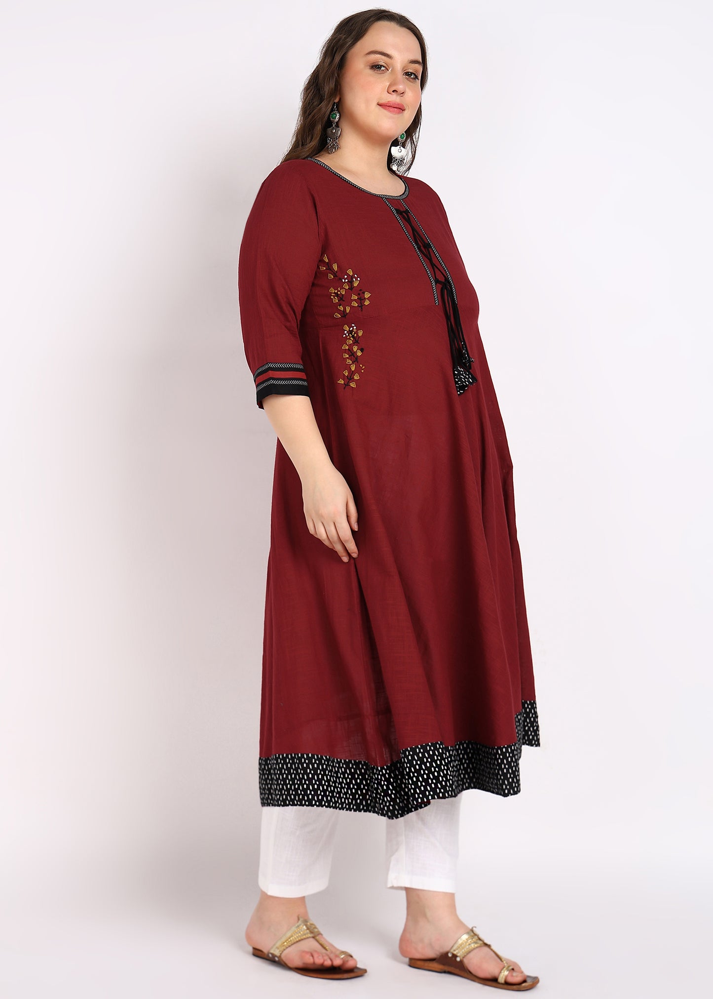 PLUS SIZE KURTA Women's Cotton Slub Embroidered Anarkali Kurta (Maroon)