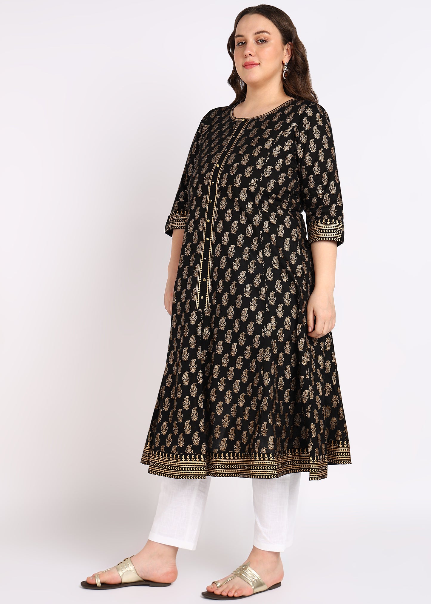PLUS SIZE KURTA Women's Cotton Gold Print Anarkali Kurta