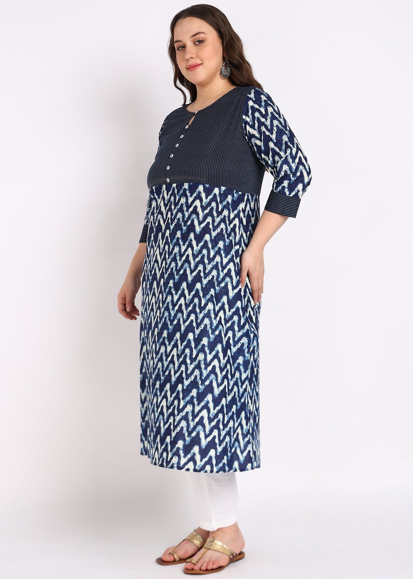 Blue Chevron Print A-Line Kurta – Elegant Kaantha Work & Button Embellishments