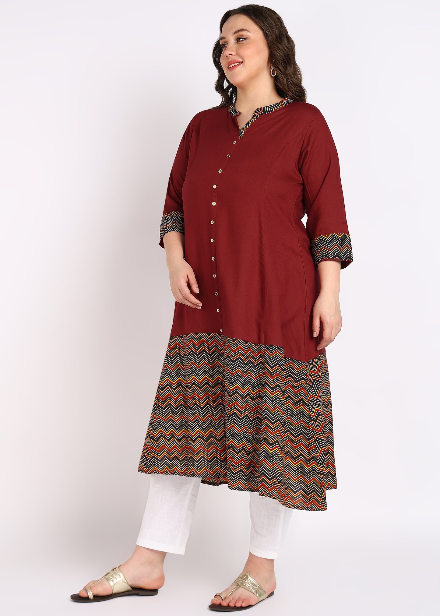 Plus Size Black Zig-Zag Printed A-Line Kurta