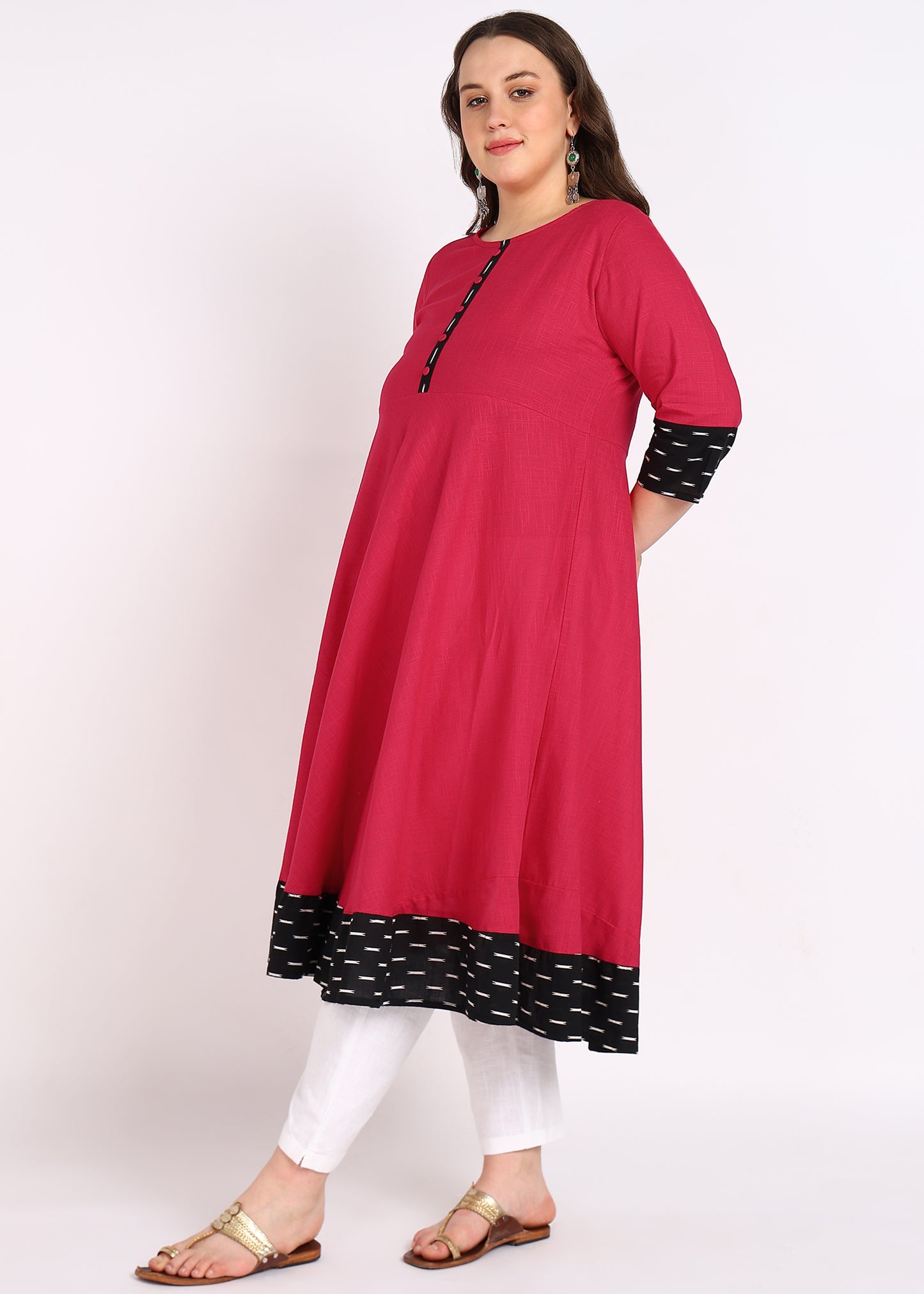 PLUS SIZE KURTA Women's Cotton Slub Plain Dye Anarkali Kurta (Pink)