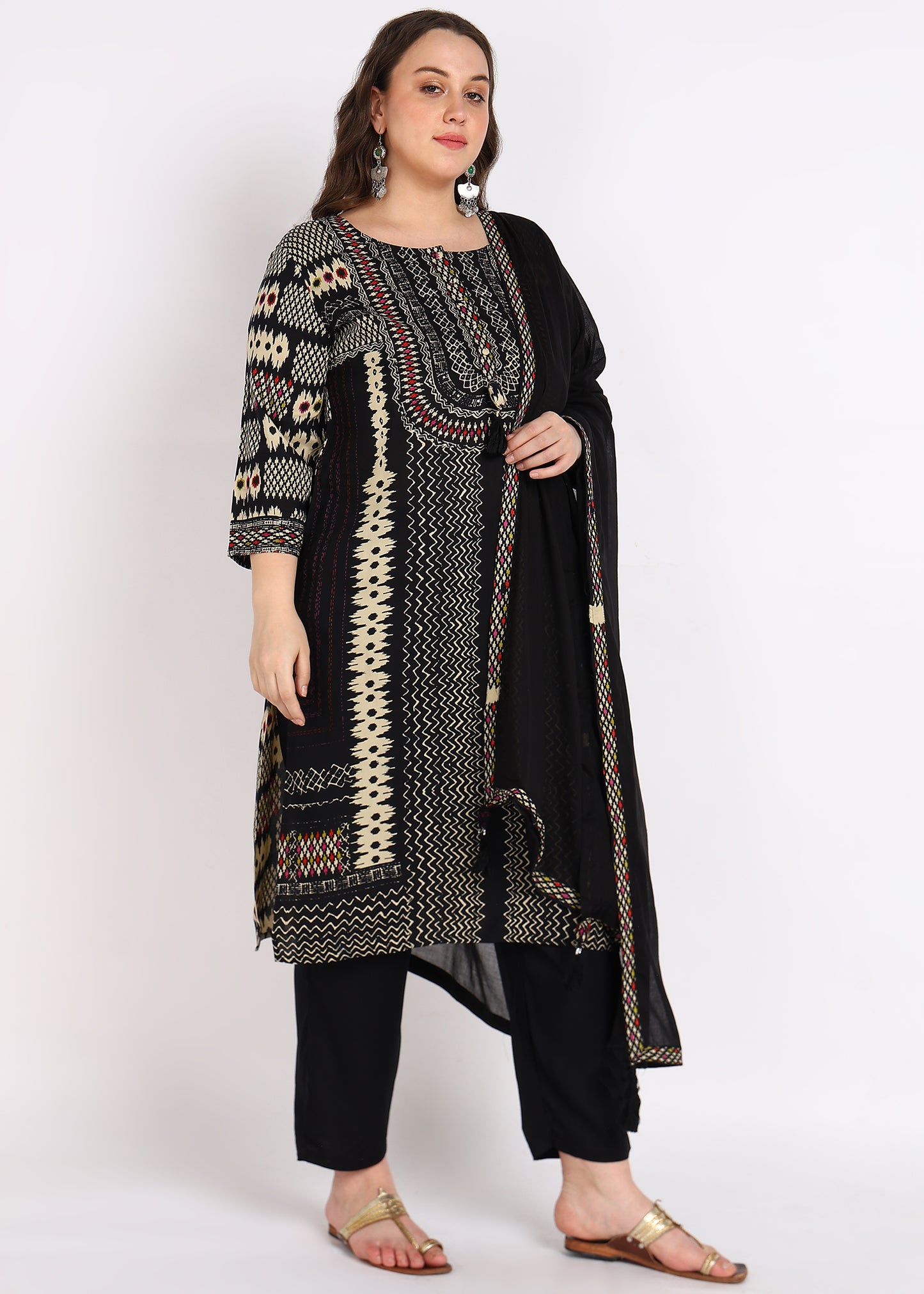 Plus Size Black & Beige Printed Kurta Set with Dupatta – 3-Piece Set