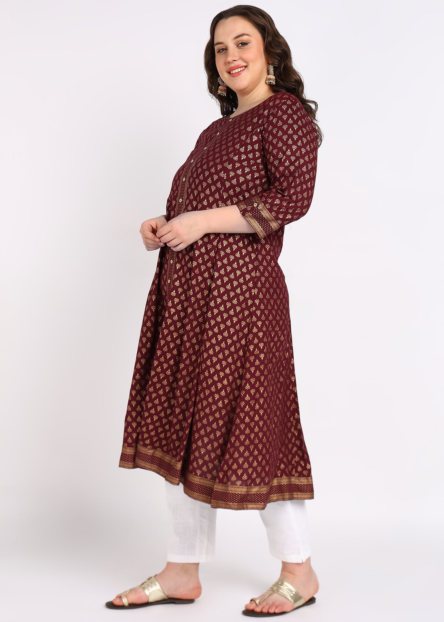 Plus Size Maroon Buti Printed A-Line Kurta