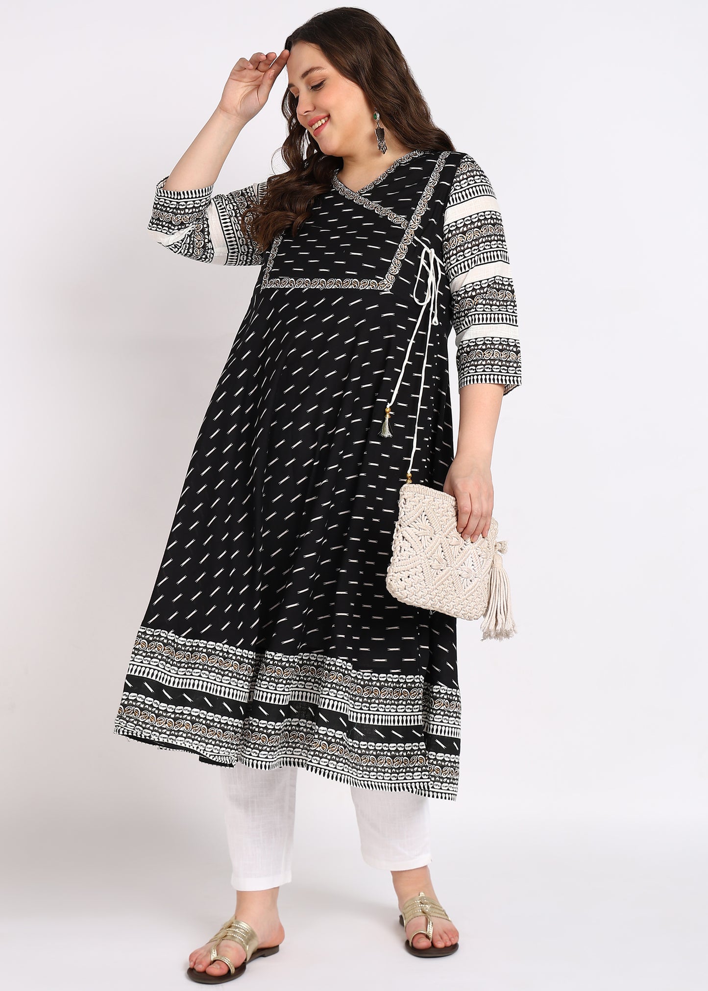 Plus Size Black Cotton Angrakha Kurta with Designer Yoke