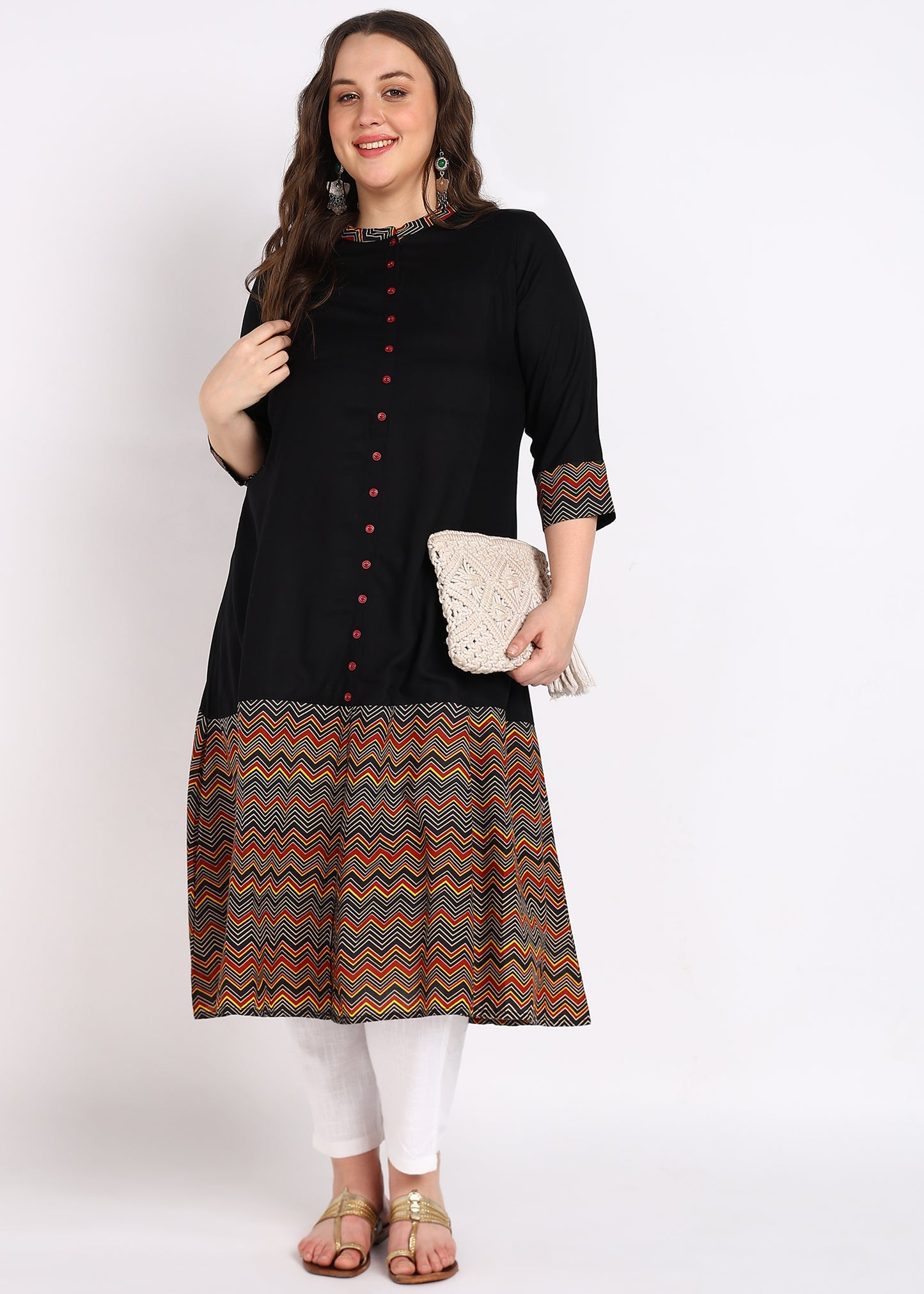 Plus Size Black Zig-Zag Printed A-Line Kurta