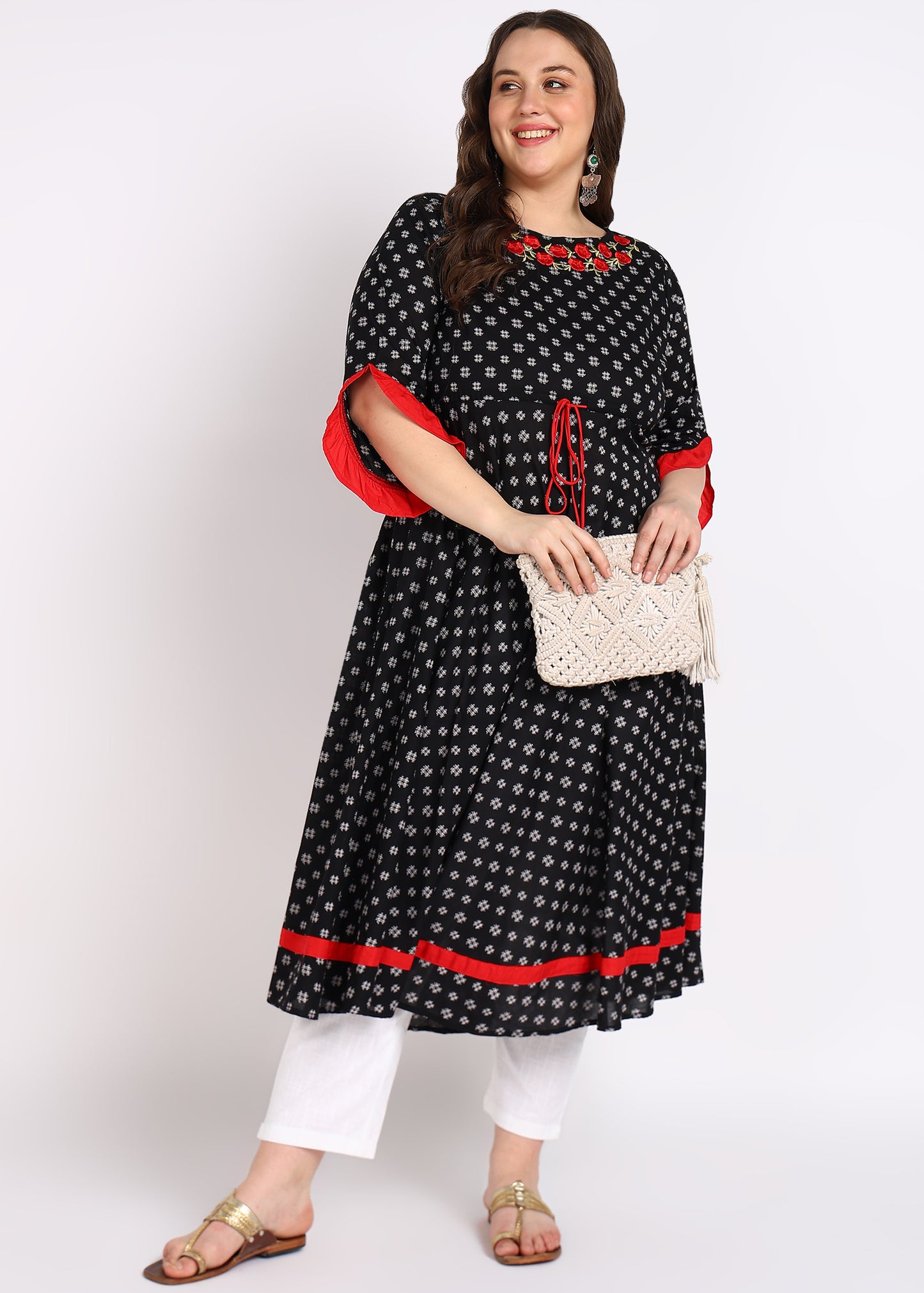 Black Cambric Cotton Anarkali Kurta – Elegant Umbrella Style & Embroidered Neck