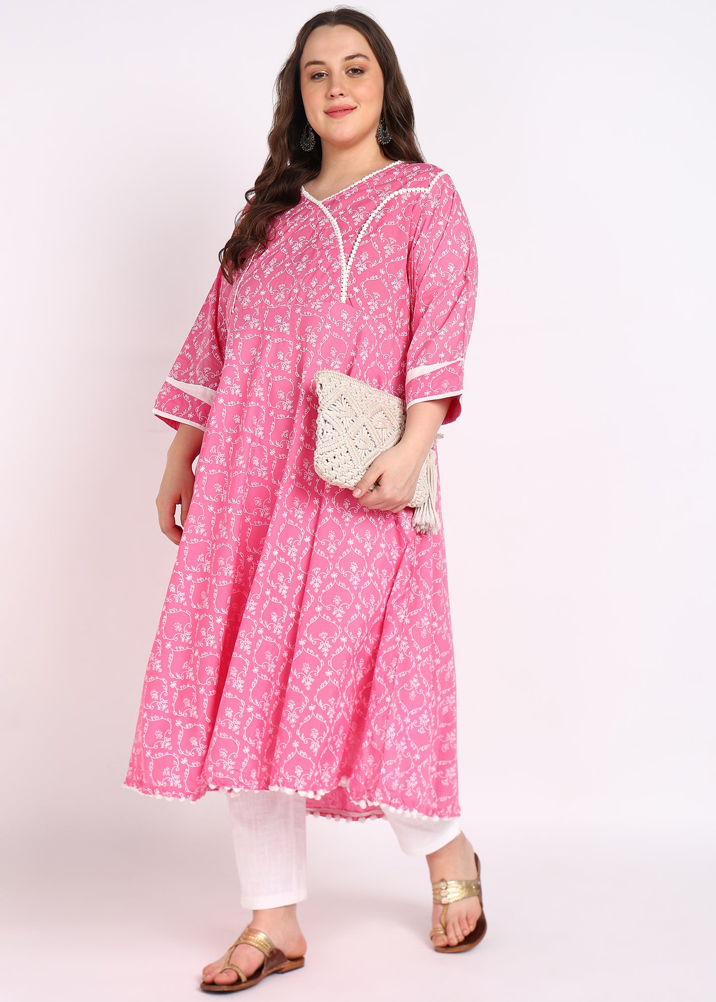Plus Size Pink Printed A-Line Kurta