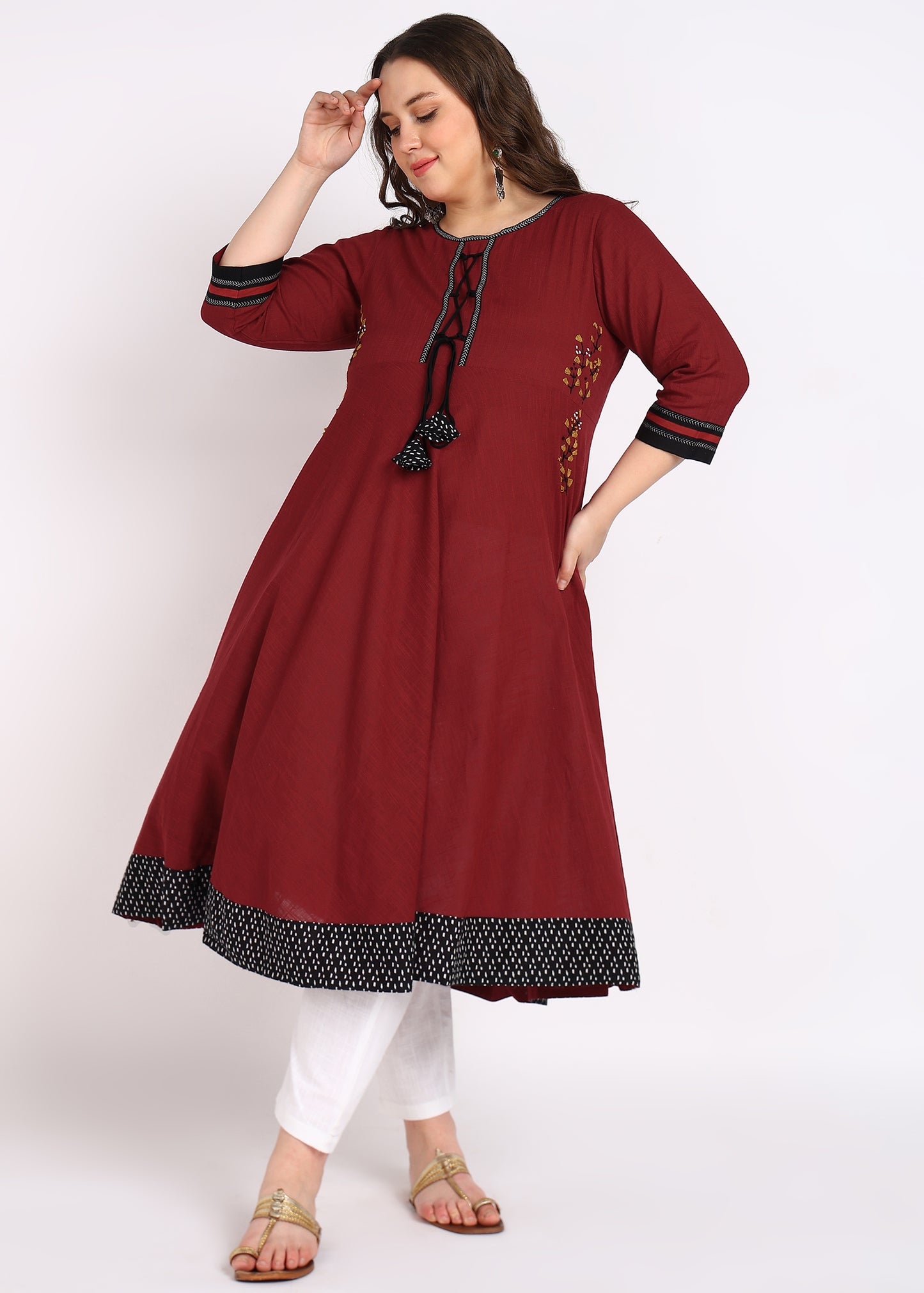 PLUS SIZE KURTA Women's Cotton Slub Embroidered Anarkali Kurta (Maroon)