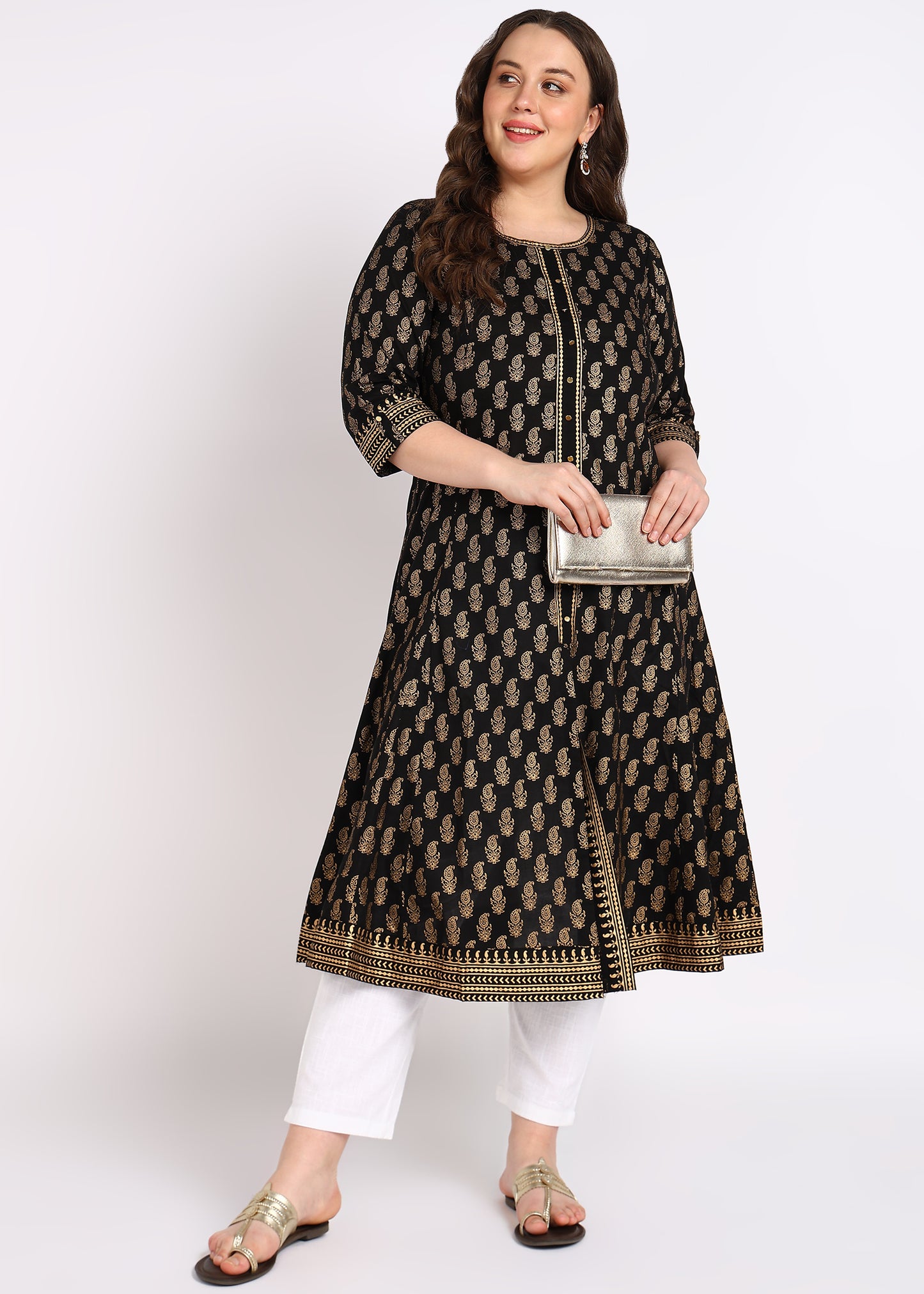 PLUS SIZE KURTA Women's Cotton Gold Print Anarkali Kurta