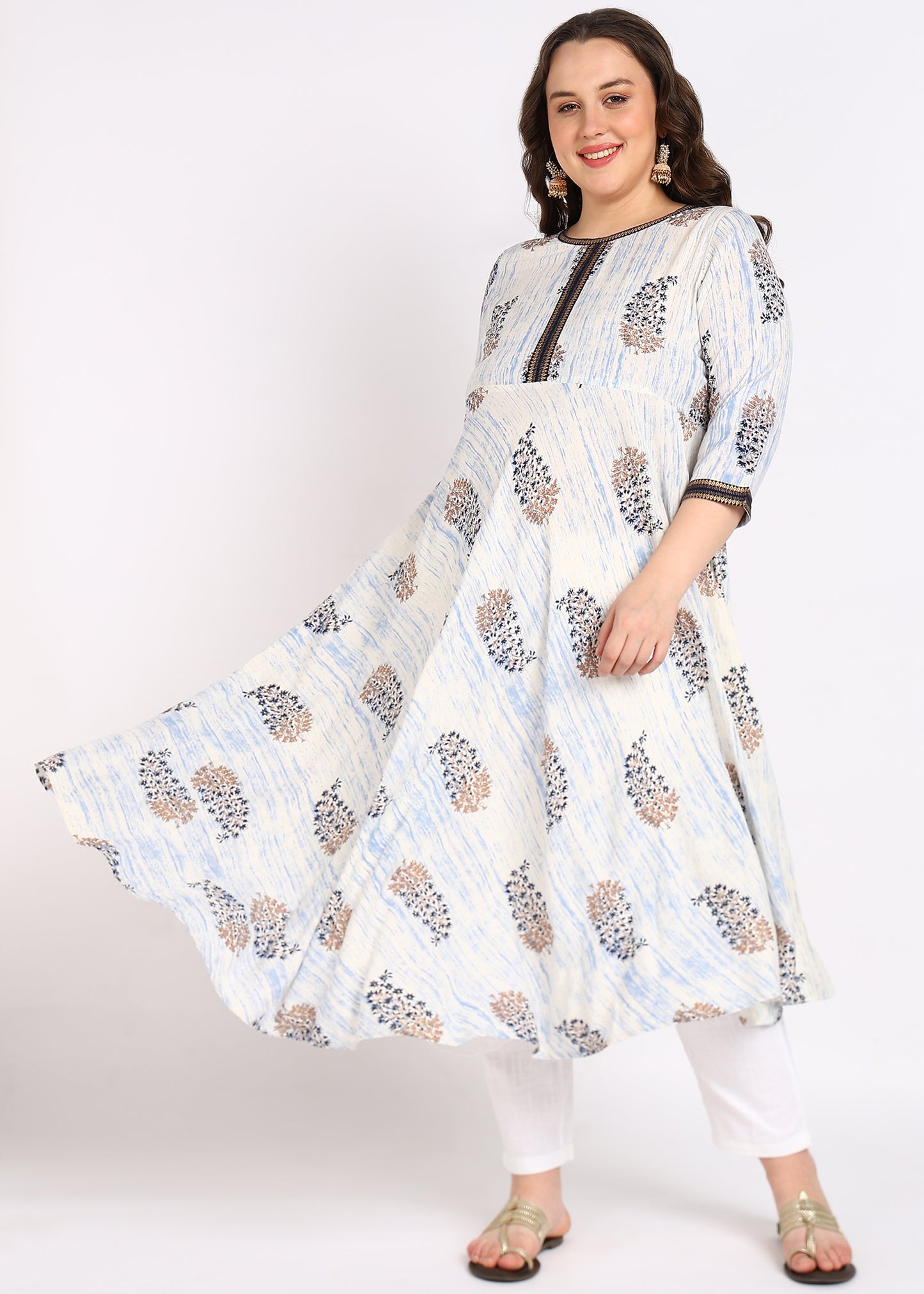 Plus Size Off-White Printed A-Line Kurta Rayon Tie Dye Floral Print