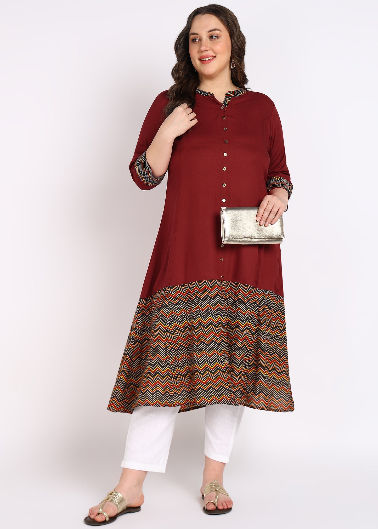 Plus Size Black Zig-Zag Printed A-Line Kurta