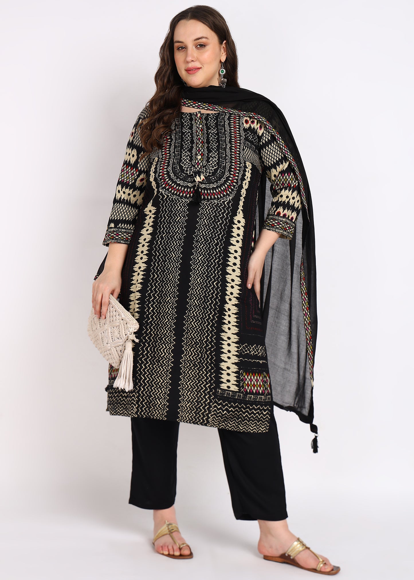 Plus Size Black & Beige Printed Kurta Set with Dupatta – 3-Piece Set