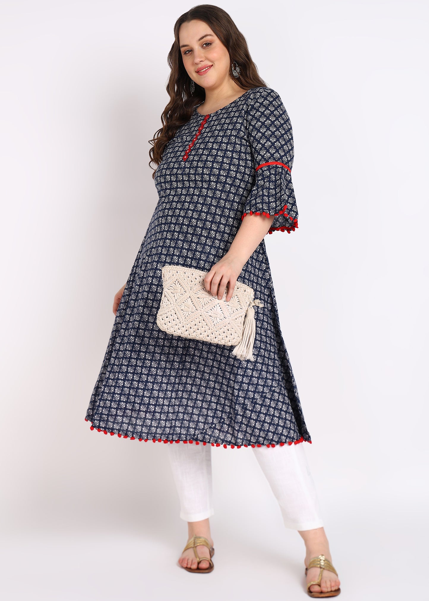 Plus Size Blue Printed Mirror Work A-Line Kurta – Cambric Cotton