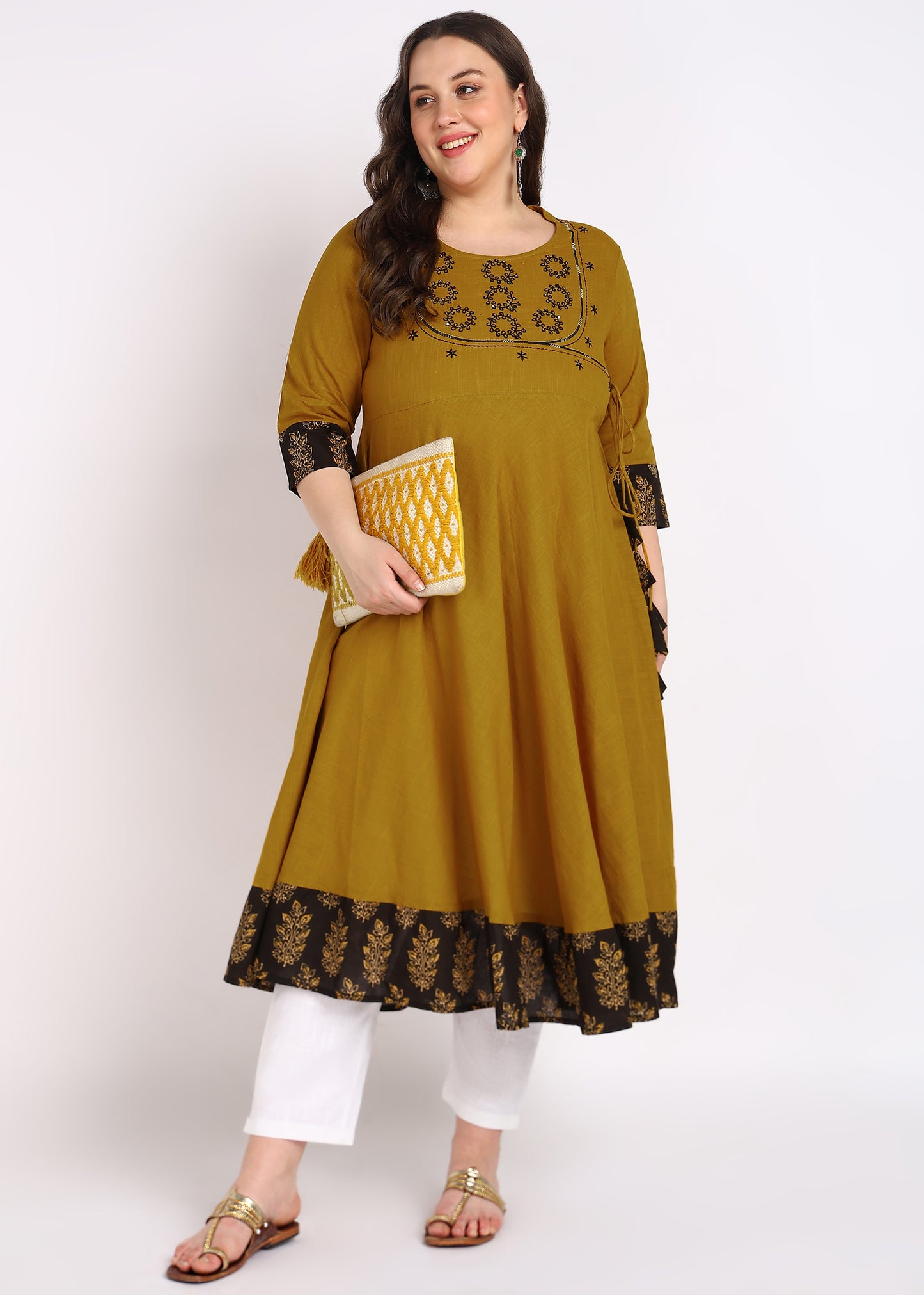 Mustard Sequin Work Angrakha Kurta – Elegant Embroidery & Stand Collar