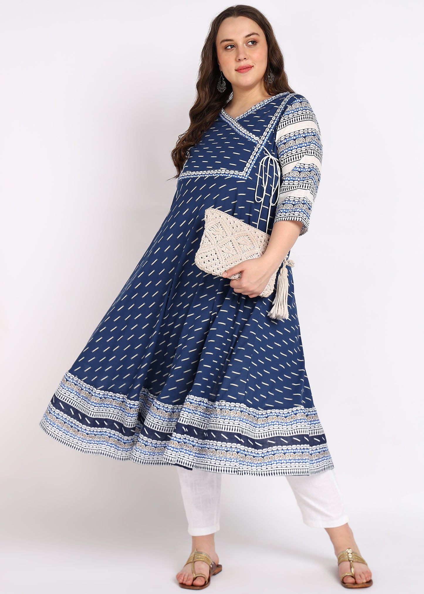 Plus Size Black Cotton Angrakha Kurta with Designer Yoke