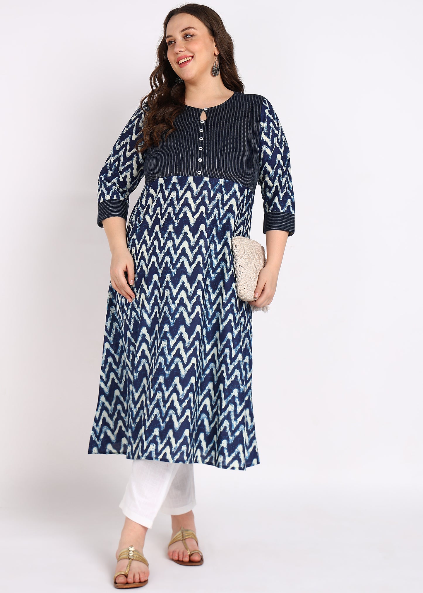 Blue Chevron Print A-Line Kurta – Elegant Kaantha Work & Button Embellishments