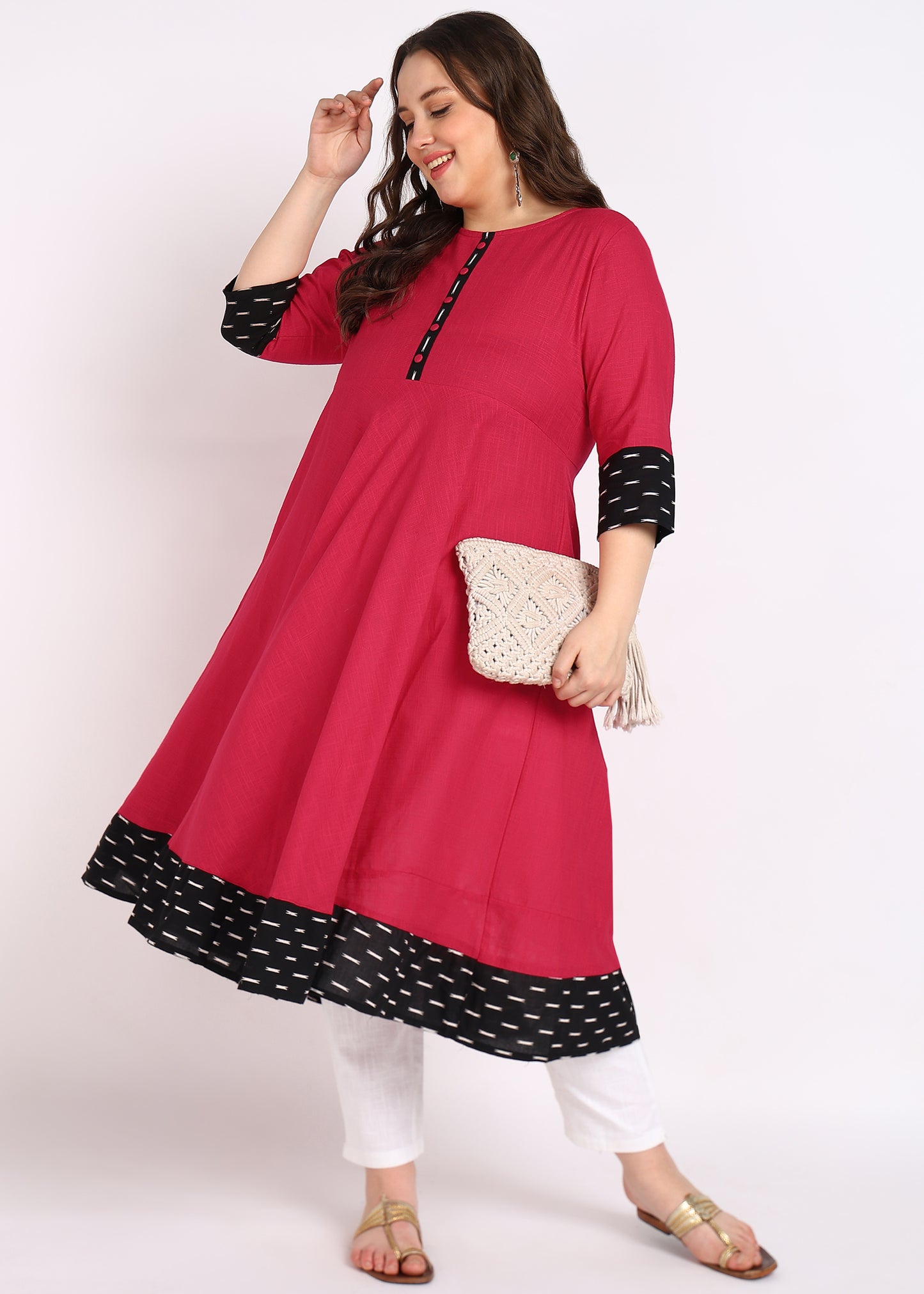 PLUS SIZE KURTA Women's Cotton Slub Plain Dye Anarkali Kurta (Pink)