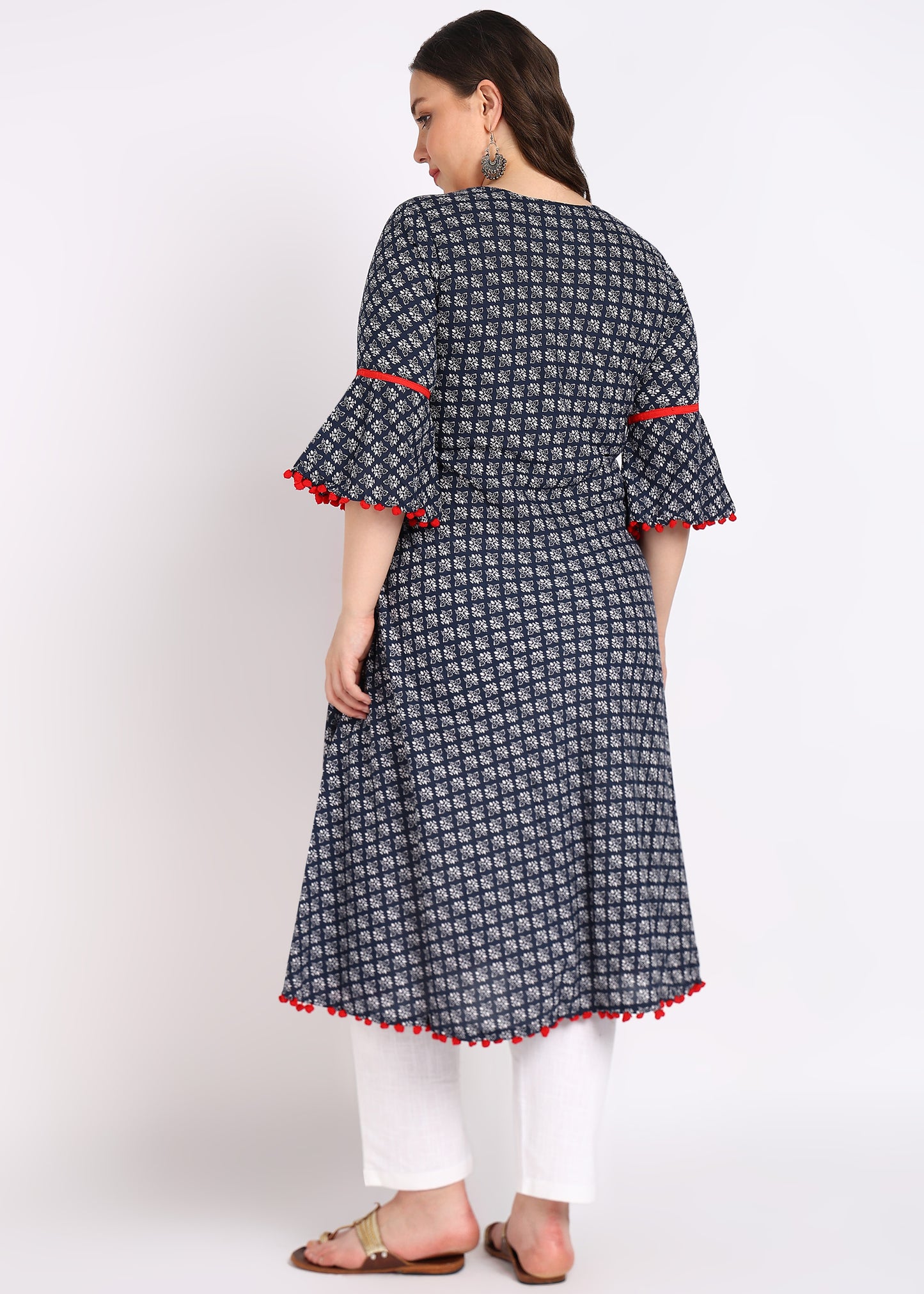 Plus Size Blue Printed Mirror Work A-Line Kurta – Cambric Cotton