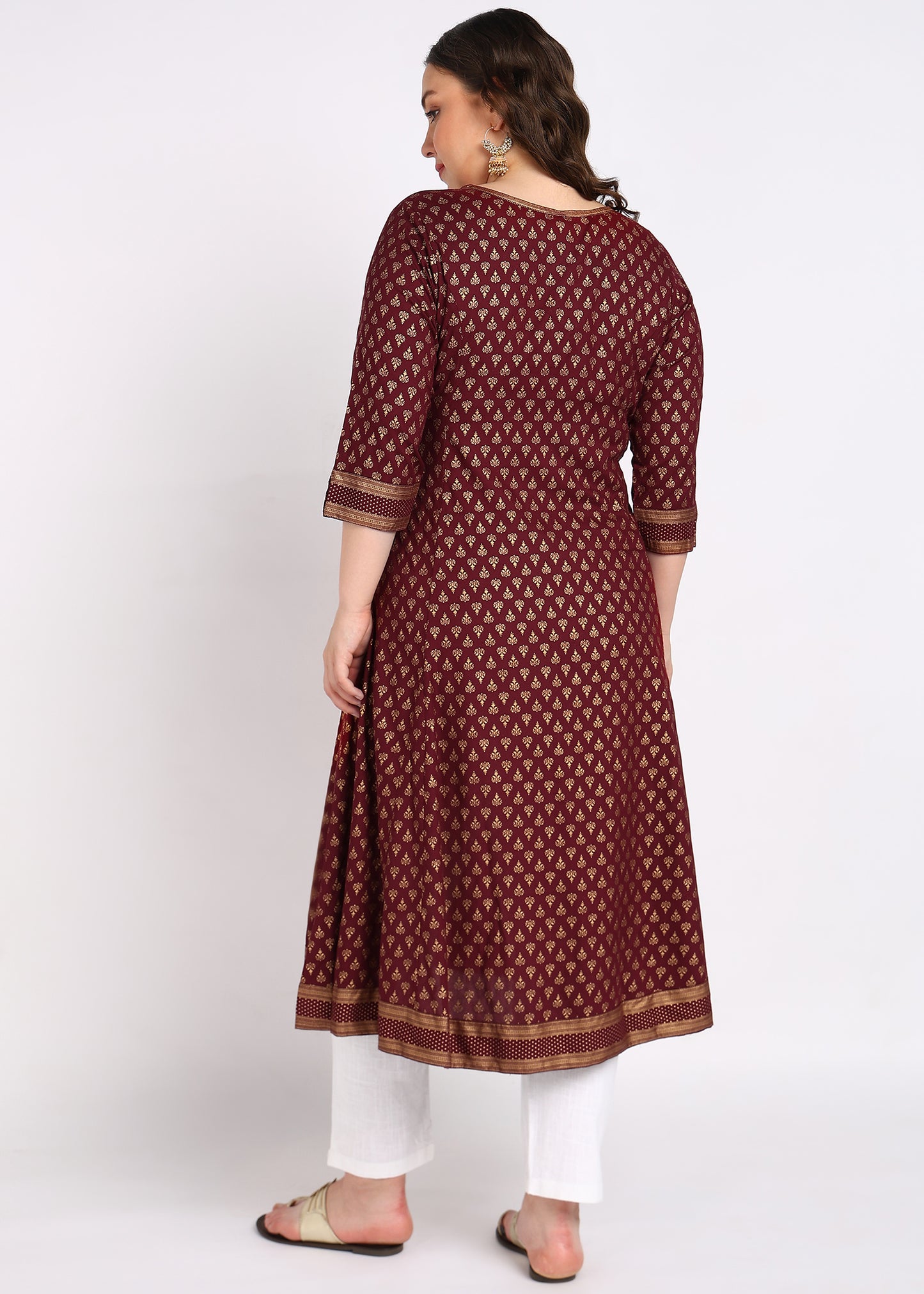 Plus Size Maroon Buti Printed A-Line Kurta
