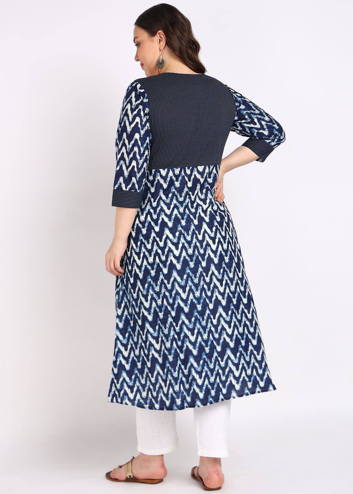 Blue Chevron Print A-Line Kurta – Elegant Kaantha Work & Button Embellishments