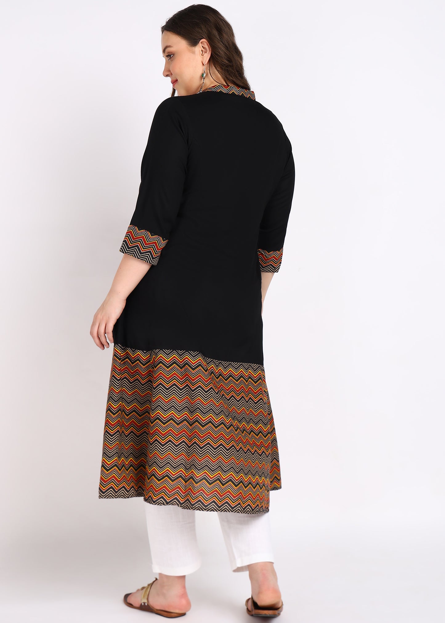 Plus Size Black Zig-Zag Printed A-Line Kurta