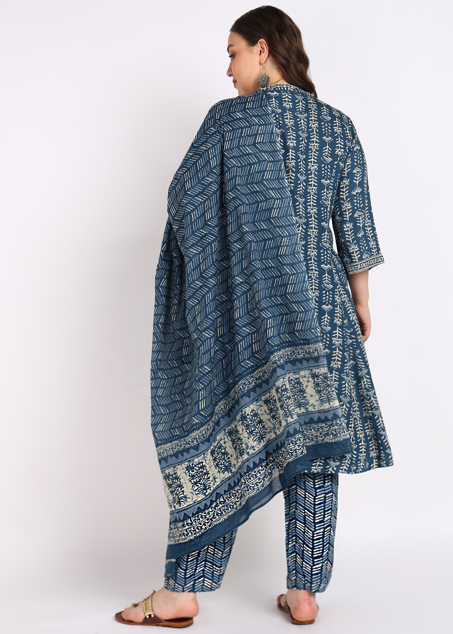Plus Size Blue Floral Printed Anarkali Kurta with Pant & Dupatta Set