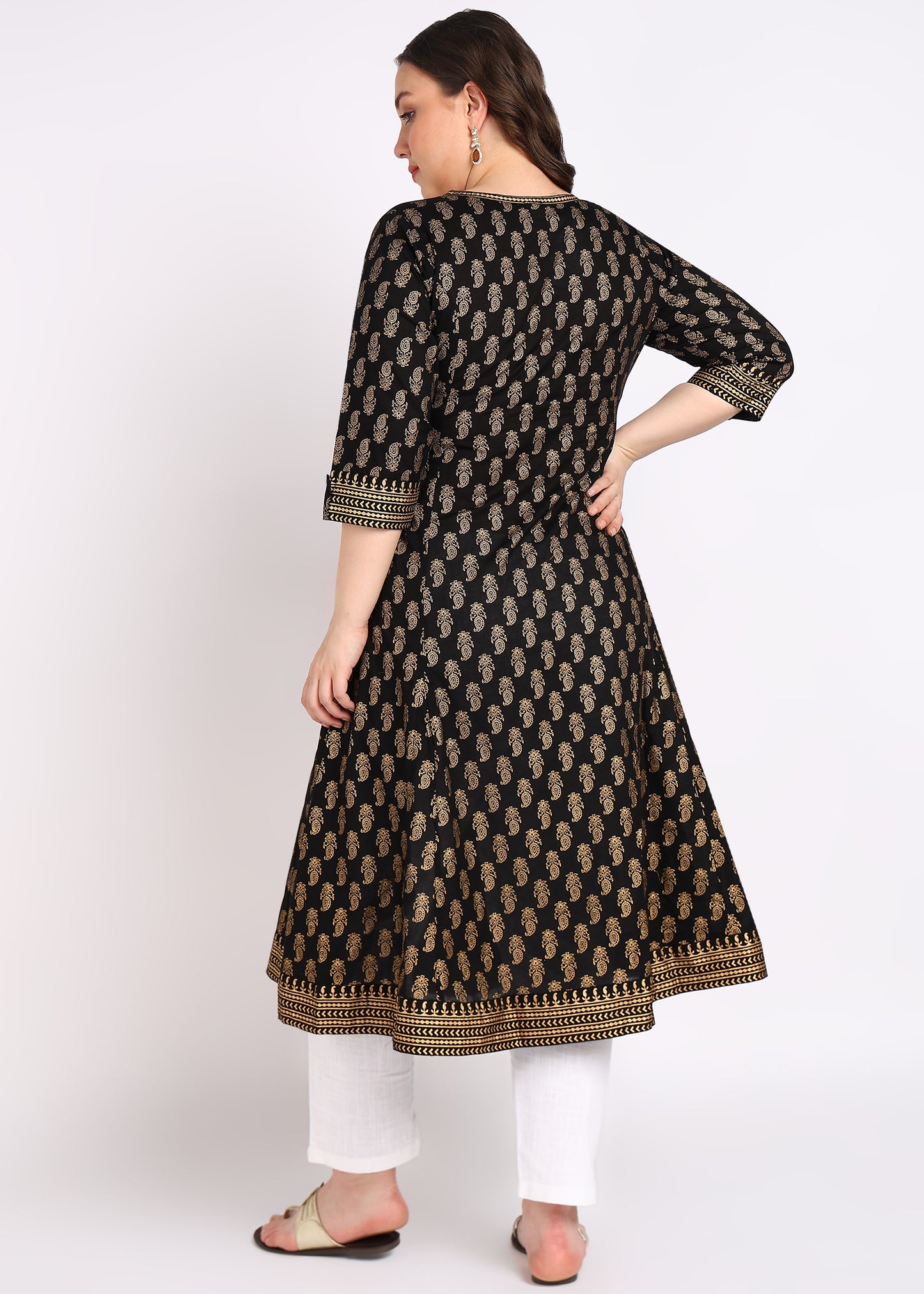 PLUS SIZE KURTA Women's Cotton Gold Print Anarkali Kurta