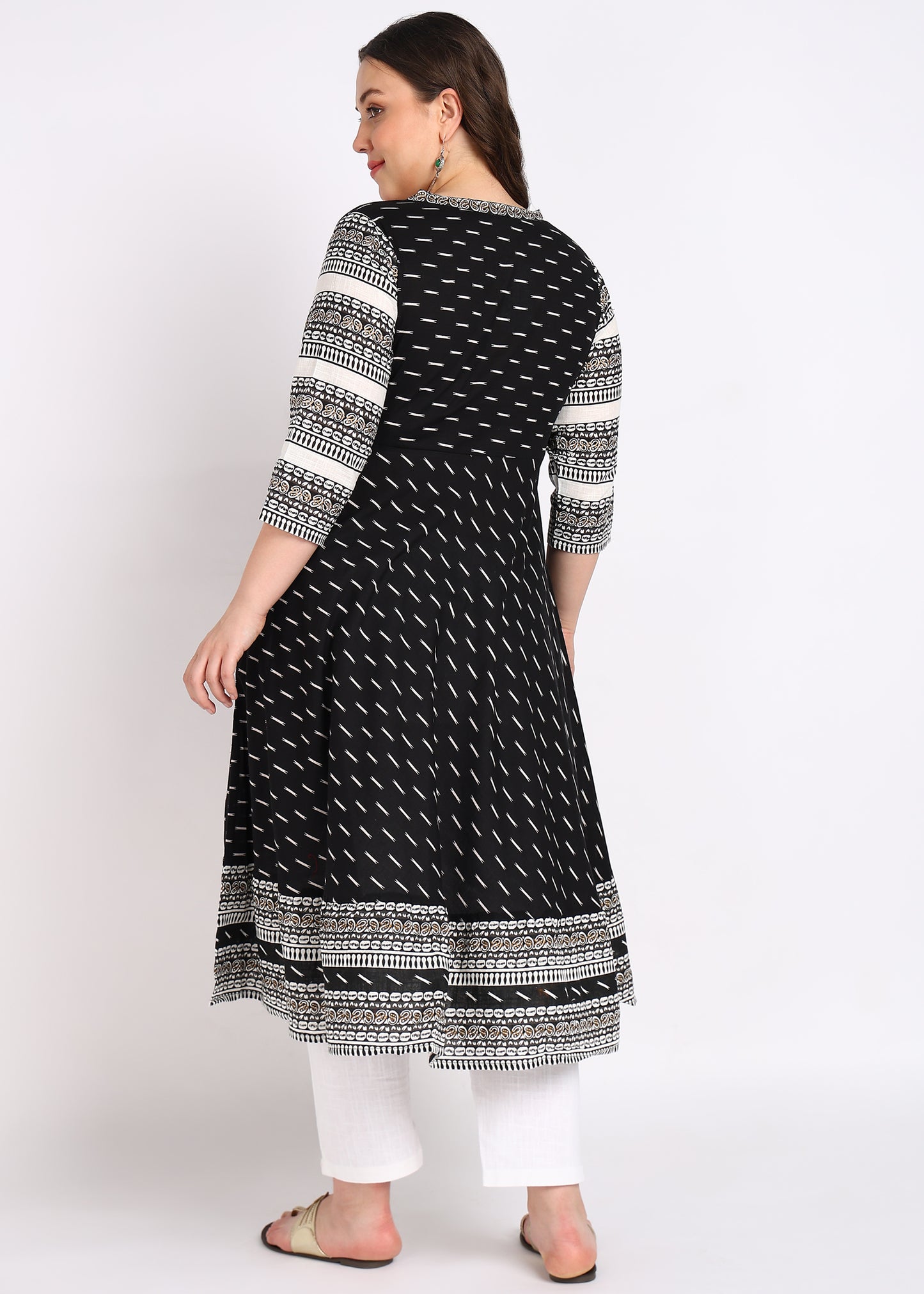 Plus Size Black Cotton Angrakha Kurta with Designer Yoke