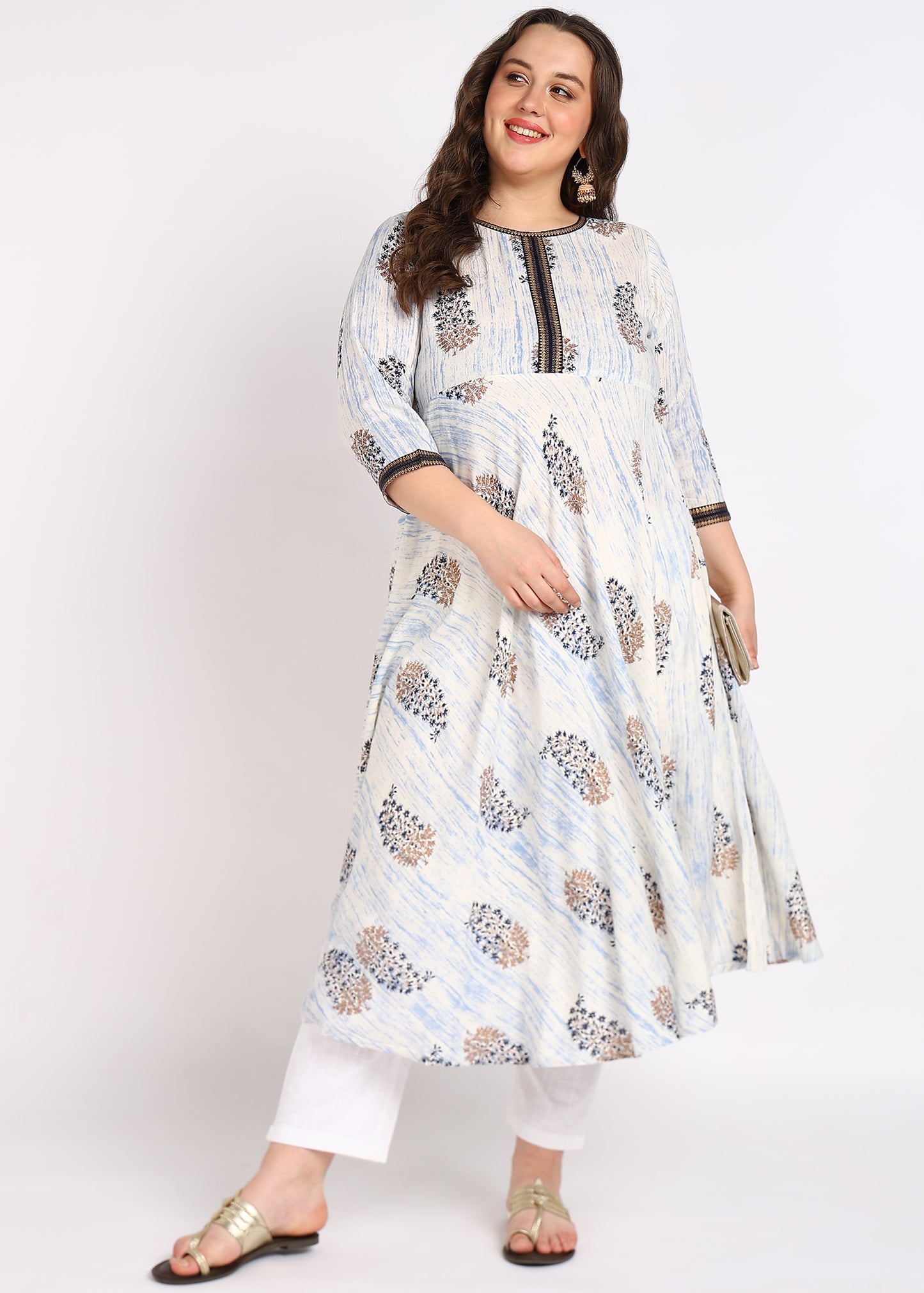 Plus Size Off-White Printed A-Line Kurta Rayon Tie Dye Floral Print