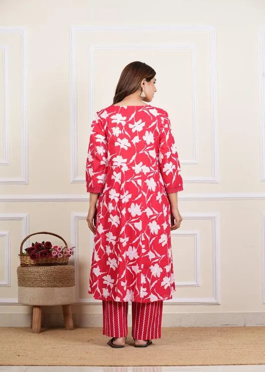 Cotton Ankle Length Notch Neck 3/4 Sleeves Floral Print Mirror Work Anarkali With Pant And Duptta