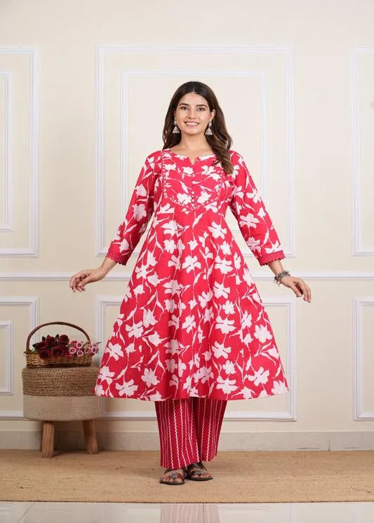 Cotton Ankle Length Notch Neck 3/4 Sleeves Floral Print Mirror Work Anarkali With Pant And Duptta