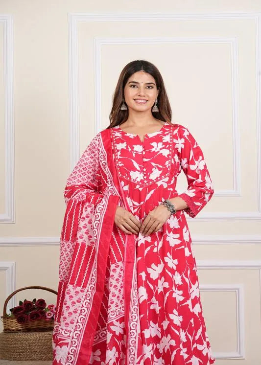 Cotton Ankle Length Notch Neck 3/4 Sleeves Floral Print Mirror Work Anarkali With Pant And Duptta