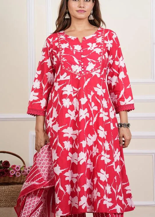 Cotton Ankle Length Notch Neck 3/4 Sleeves Floral Print Mirror Work Anarkali With Pant And Duptta