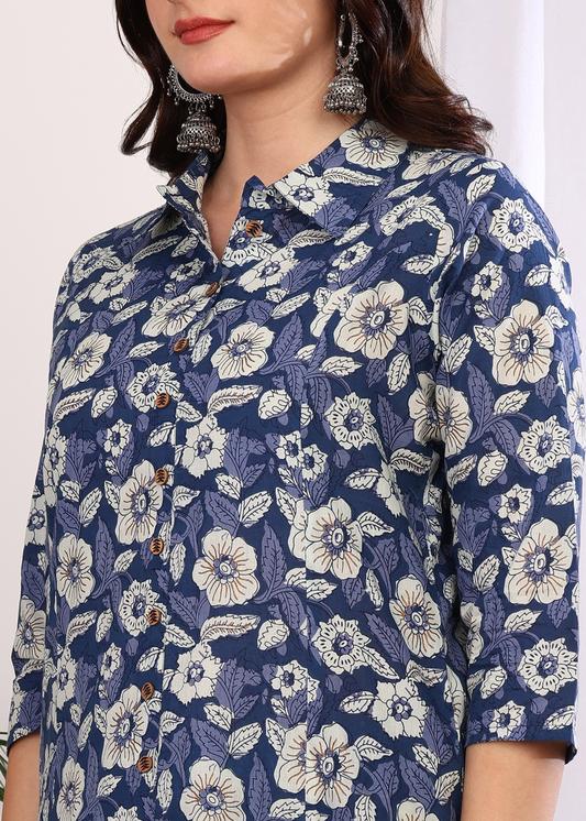 Plus Size Kurta Women's Printed Cotton Calf Length Mandarin Collar 3/4TH Sleeve Straight Kurta Pant And Duptta