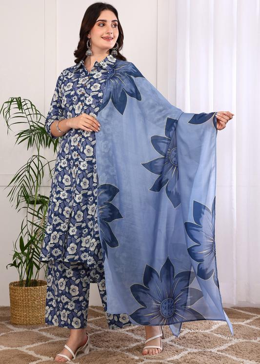 Plus Size Kurta Women's Printed Cotton Calf Length Mandarin Collar 3/4TH Sleeve Straight Kurta Pant And Duptta