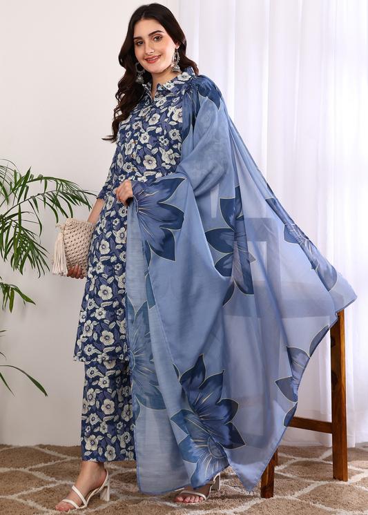 Plus Size Kurta Women's Printed Cotton Calf Length Mandarin Collar 3/4TH Sleeve Straight Kurta Pant And Duptta