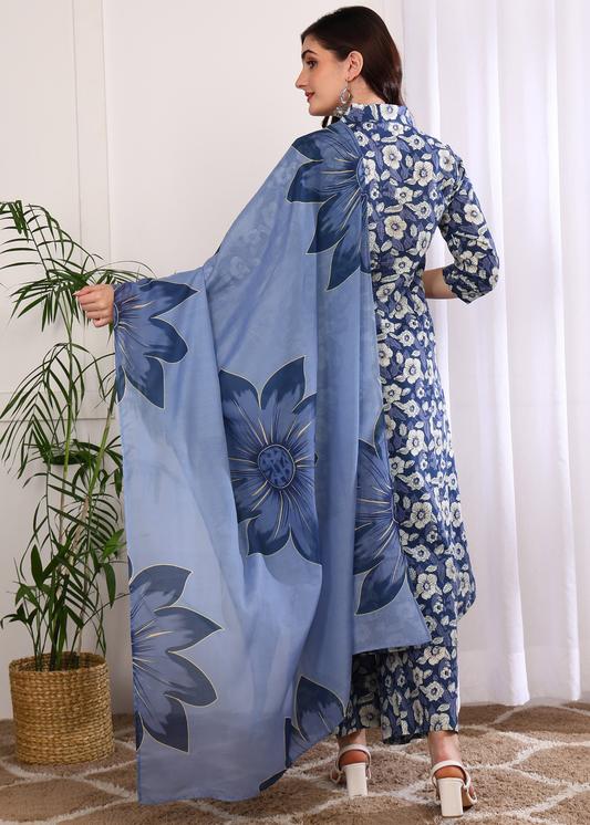 Plus Size Kurta Women's Printed Cotton Calf Length Mandarin Collar 3/4TH Sleeve Straight Kurta Pant And Duptta