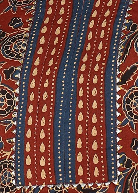 Plus Size Kurta Women's Cotton Floral Print Notch Neck With Gota Detailing 3/4th Sleeve Staright Kurta with Elastic Bottom and Duptta (MAROON)