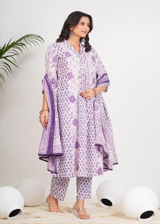 Plus Size Kurta Women's Cotton Calf Length 3/4th Sleeve V-Neck Floral Printed Anarkali Kurta with Printed Pant & Dupatta