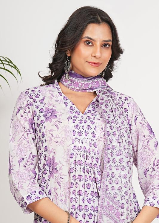 Plus Size Kurta Women's Cotton Calf Length 3/4th Sleeve V-Neck Floral Printed Anarkali Kurta with Printed Pant & Dupatta