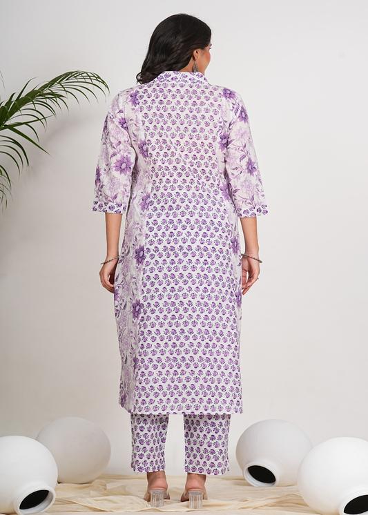 Plus Size Kurta Women's Cotton Calf Length 3/4th Sleeve V-Neck Floral Printed Anarkali Kurta with Printed Pant & Dupatta