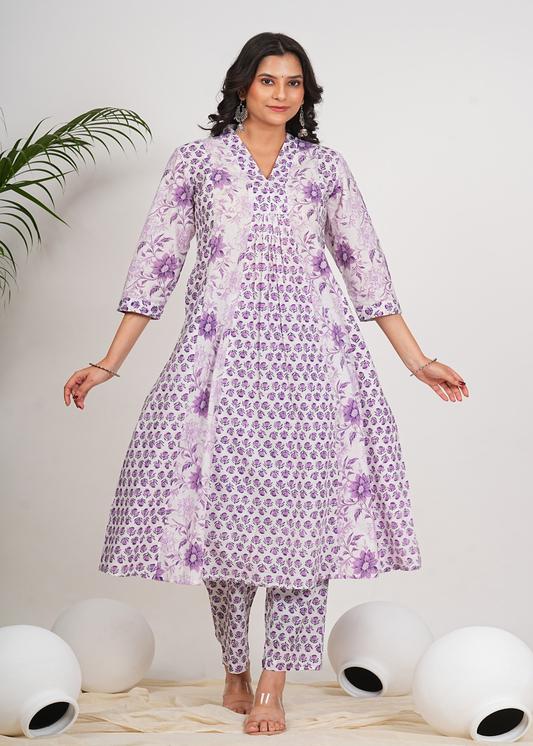 Plus Size Kurta Women's Cotton Calf Length 3/4th Sleeve V-Neck Floral Printed Anarkali Kurta with Printed Pant & Dupatta