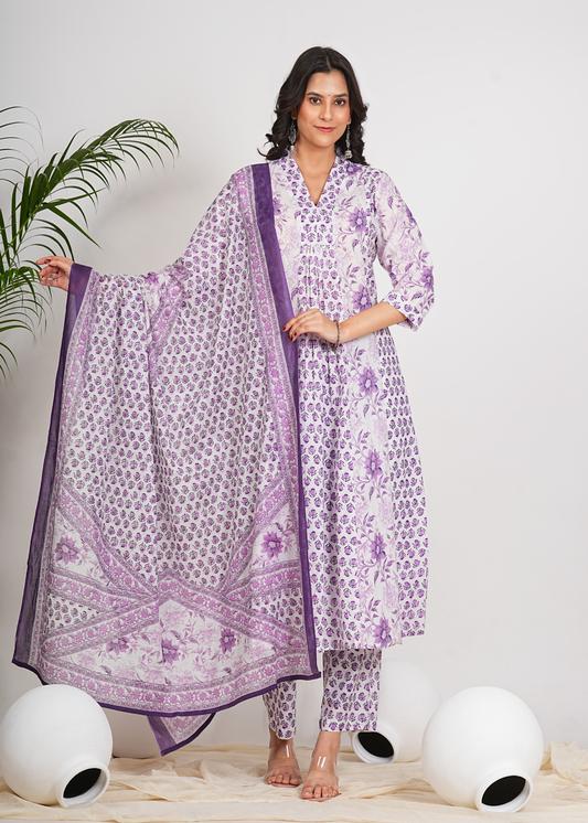 Plus Size Kurta Women's Cotton Calf Length 3/4th Sleeve V-Neck Floral Printed Anarkali Kurta with Printed Pant & Dupatta